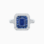 Load image into Gallery viewer, Art Deco Inspired Emerald Cut Halo Ring with Calibré Gems
