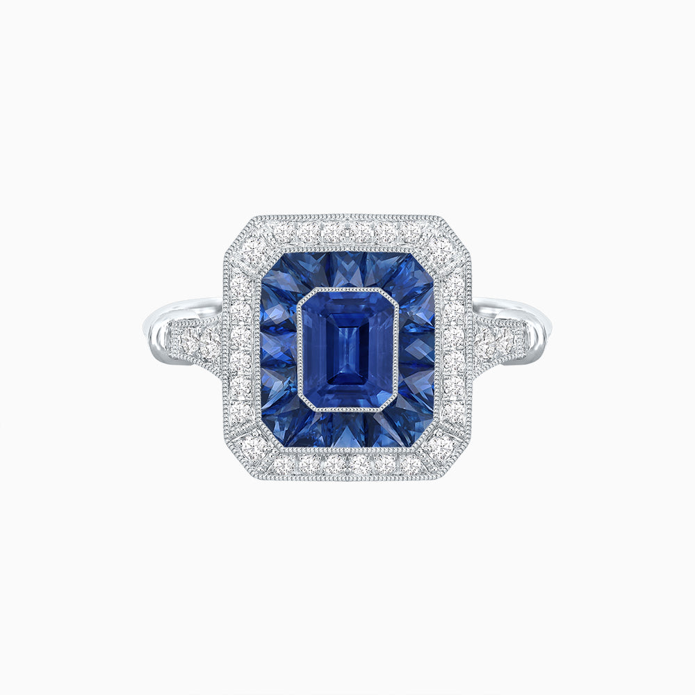 Art Deco Inspired Emerald Cut Halo Ring with Calibré Gems