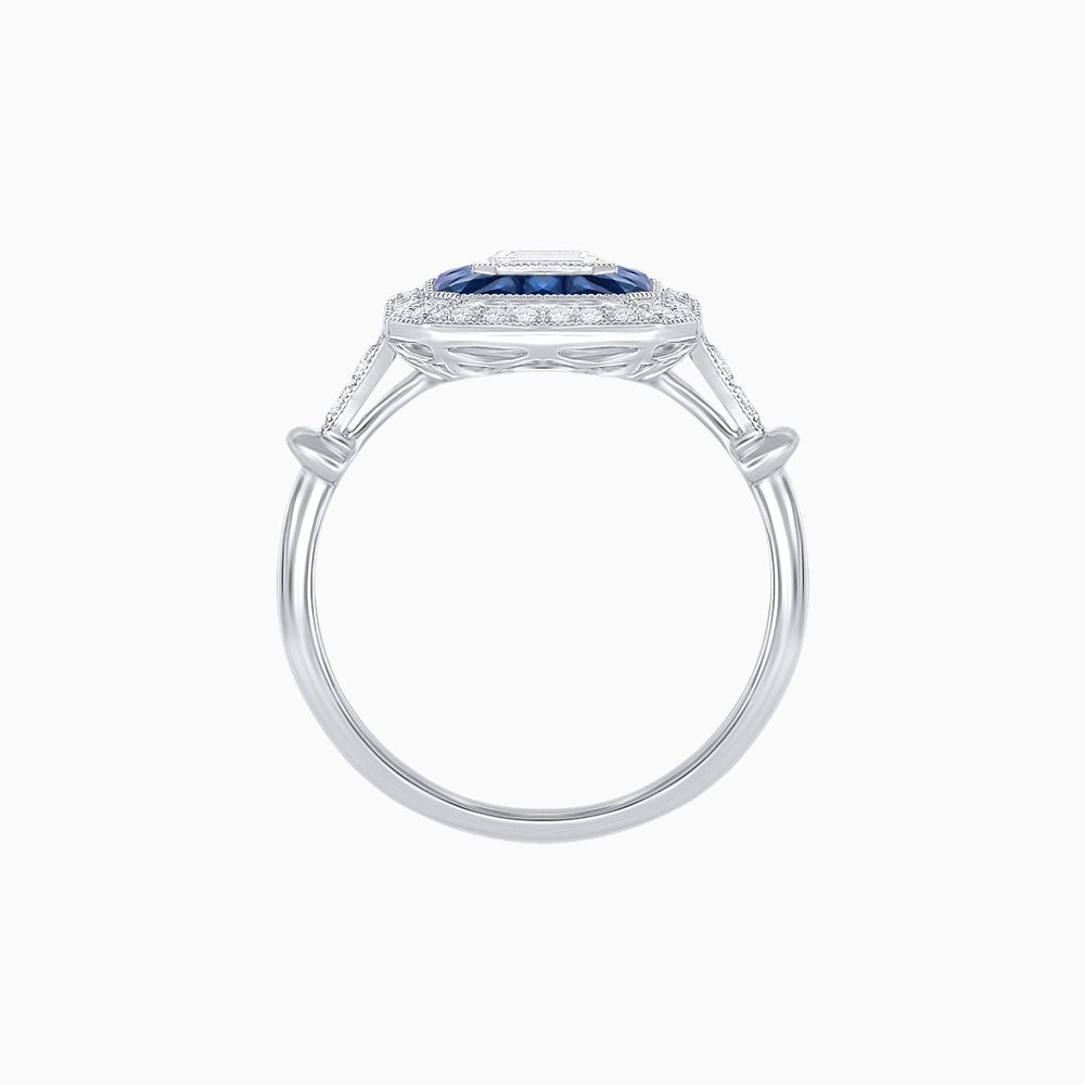 Art Deco Inspired Emerald Cut Halo Ring with Calibré Gems