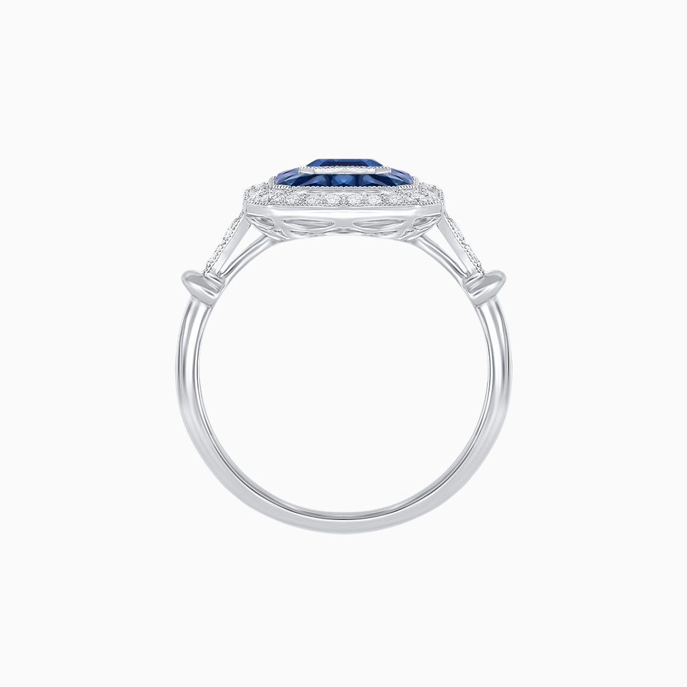 Art Deco Inspired Emerald Cut Halo Ring with Calibré Gems