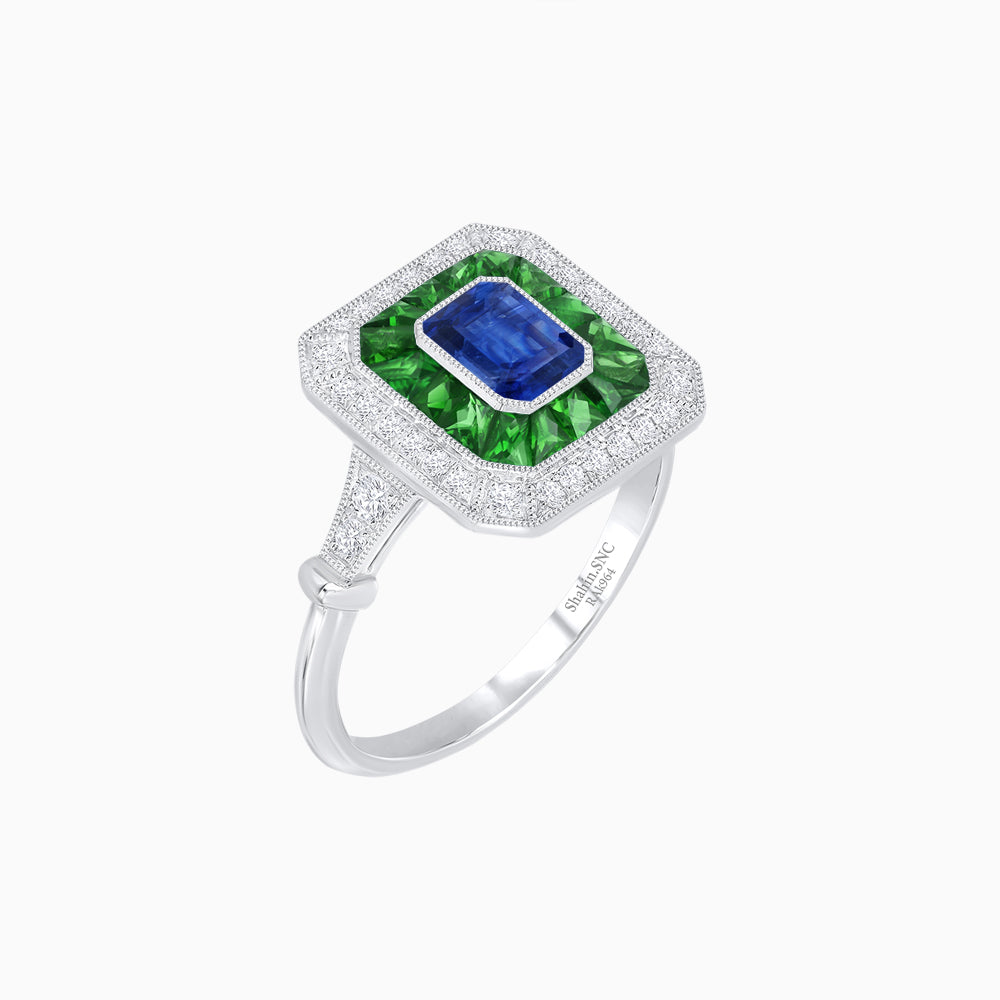 Art Deco Inspired Emerald Cut Halo Ring with Calibré Gems