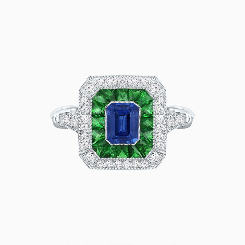 Art Deco Inspired Emerald Cut Halo Ring with Calibré Gems