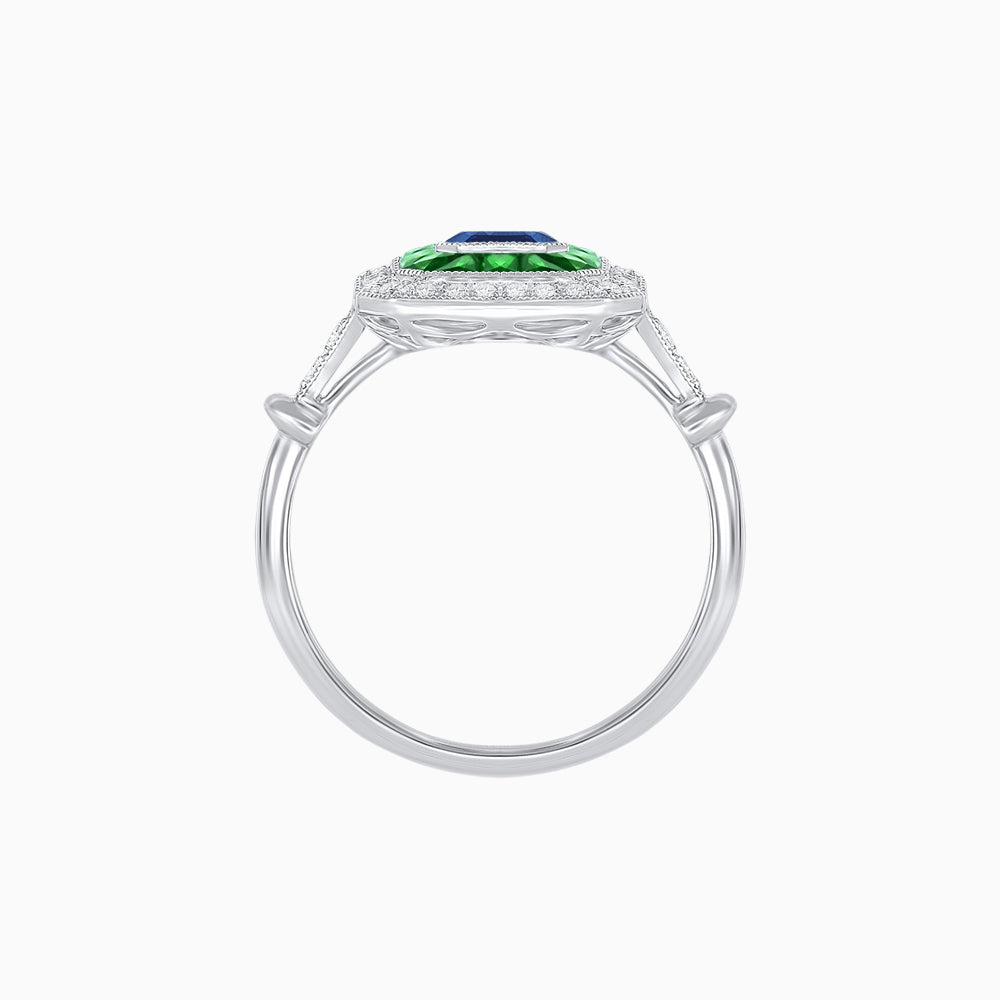 Art Deco Inspired Emerald Cut Halo Ring with Calibré Gems