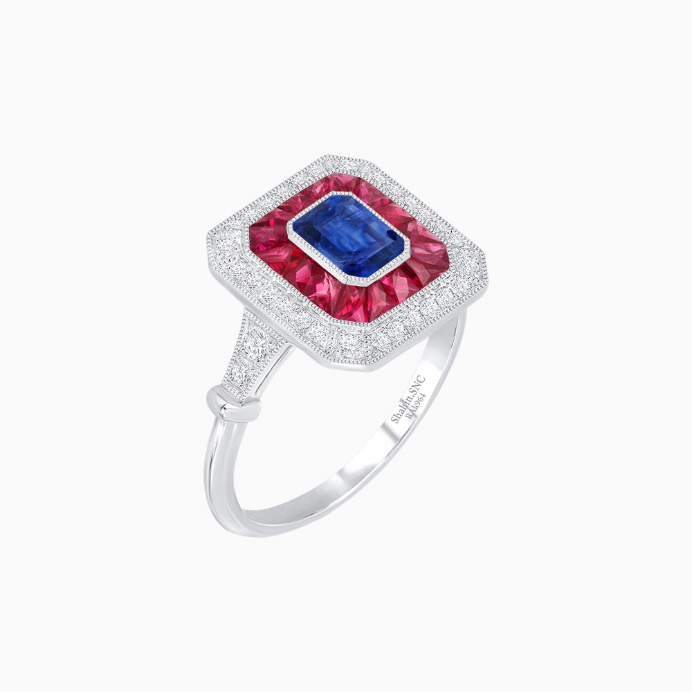 Art Deco Inspired Emerald Cut Halo Ring with Calibré Gems