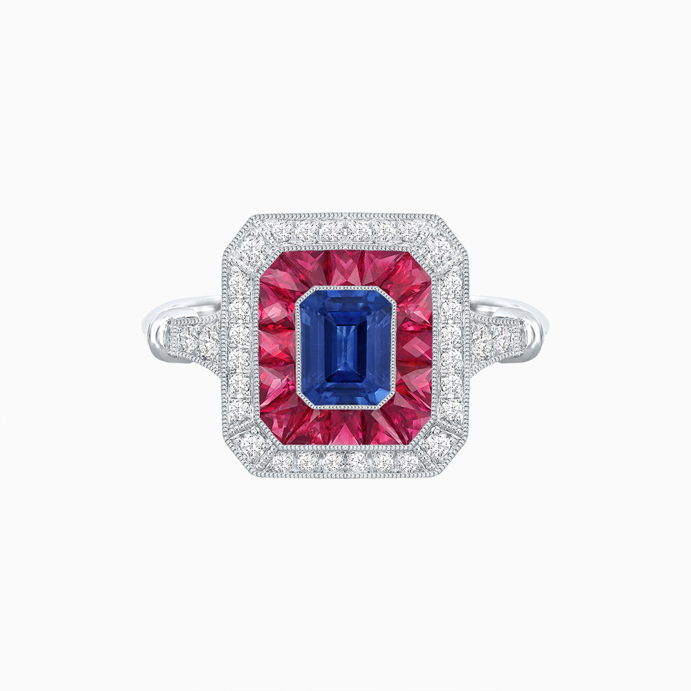Art Deco Inspired Emerald Cut Halo Ring with Calibré Gems