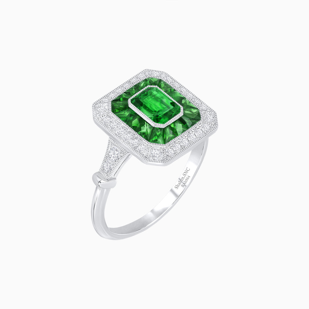 Art Deco Inspired Emerald Cut Halo Ring with Calibré Gems