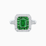 Load image into Gallery viewer, Art Deco Inspired Emerald Cut Halo Ring with Calibré Gems