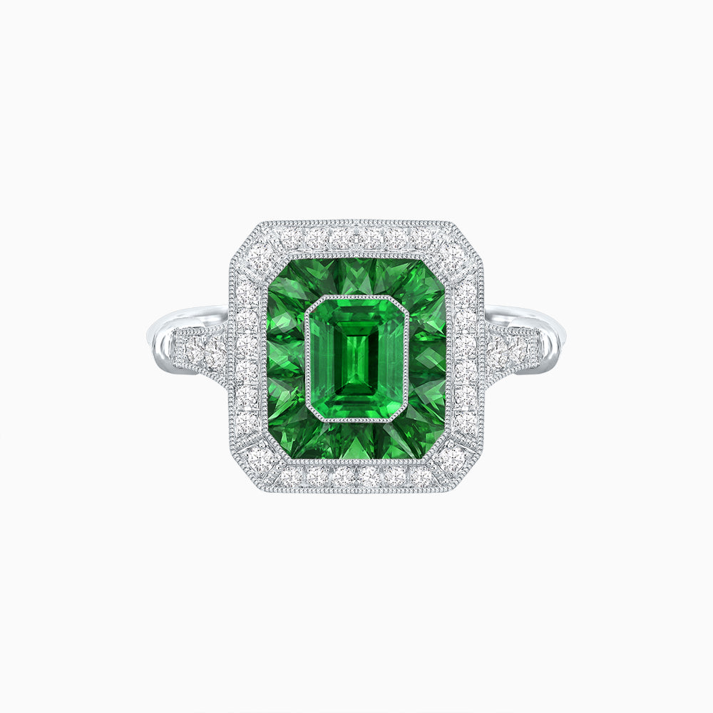 Art Deco Inspired Emerald Cut Halo Ring with Calibré Gems
