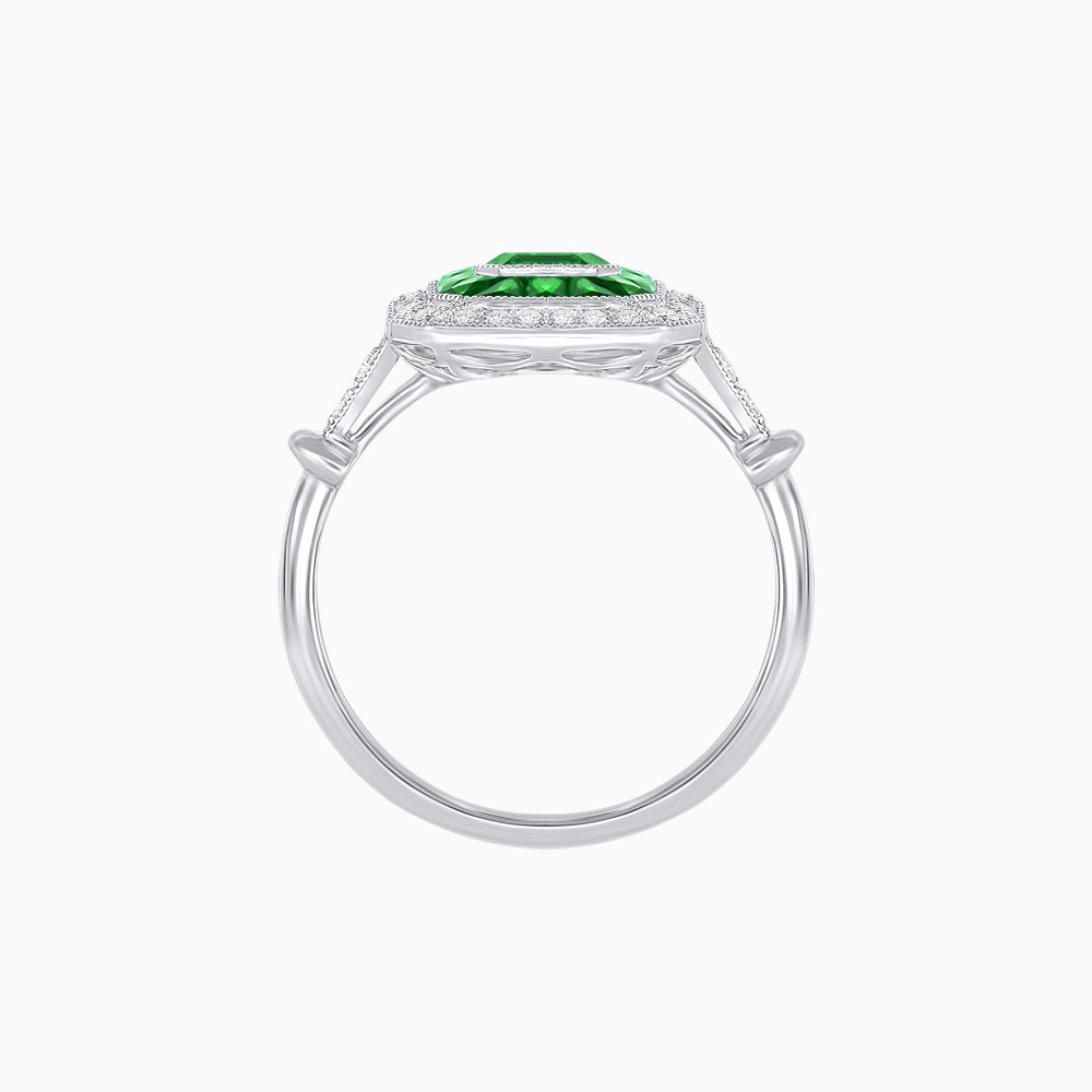 Art Deco Inspired Emerald Cut Halo Ring with Calibré Gems