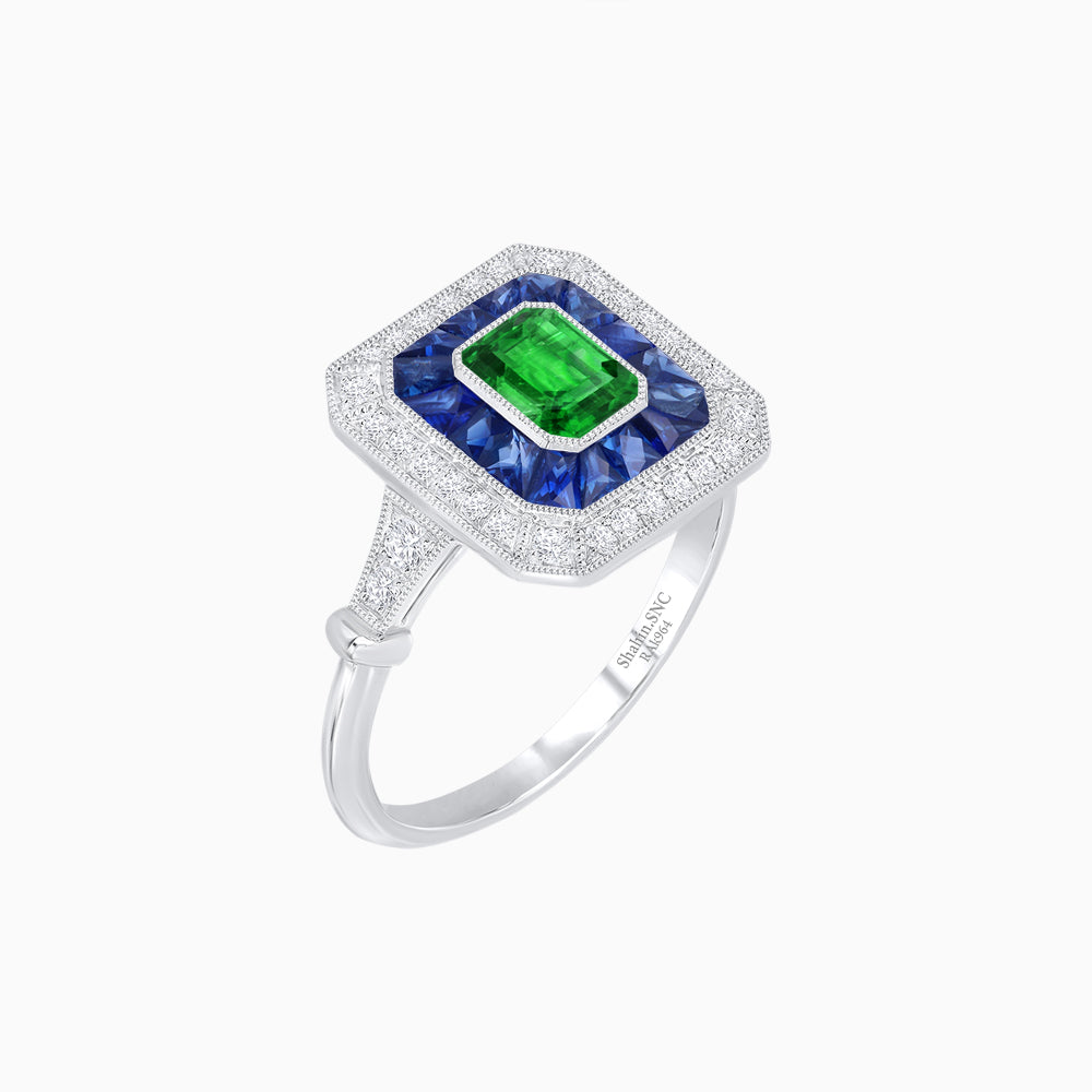 Art Deco Inspired Emerald Cut Halo Ring with Calibré Gems