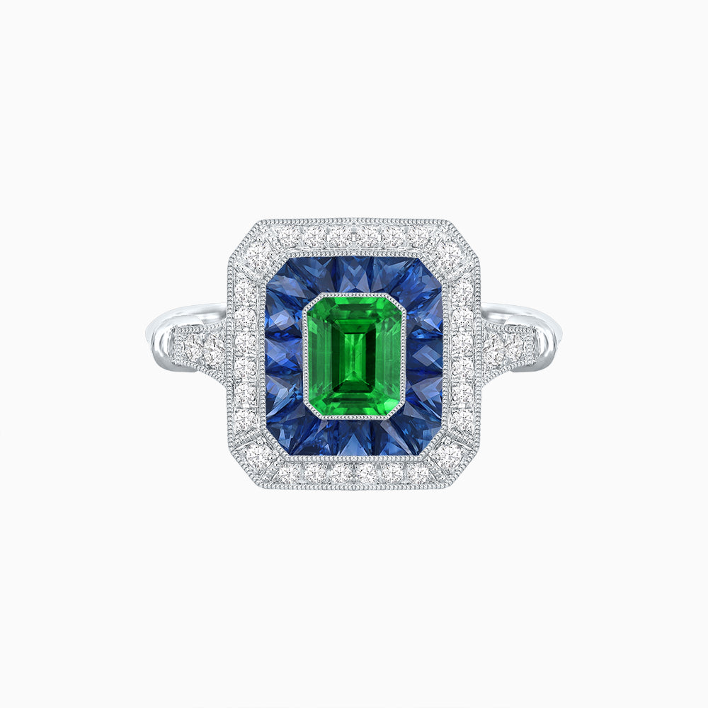 Art Deco Inspired Emerald Cut Halo Ring with Calibré Gems