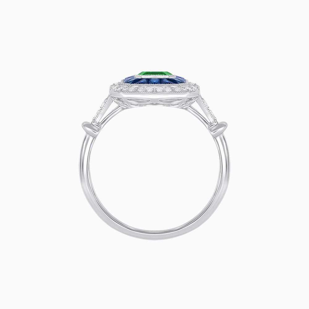 Art Deco Inspired Emerald Cut Halo Ring with Calibré Gems