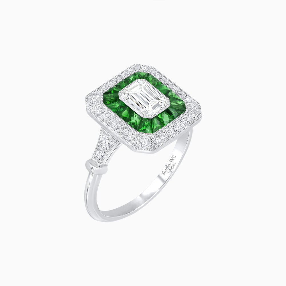 Art Deco Inspired Emerald Cut Halo Ring with Calibré Gems