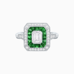 Load image into Gallery viewer, Art Deco Inspired Emerald Cut Halo Ring with Calibré Gems