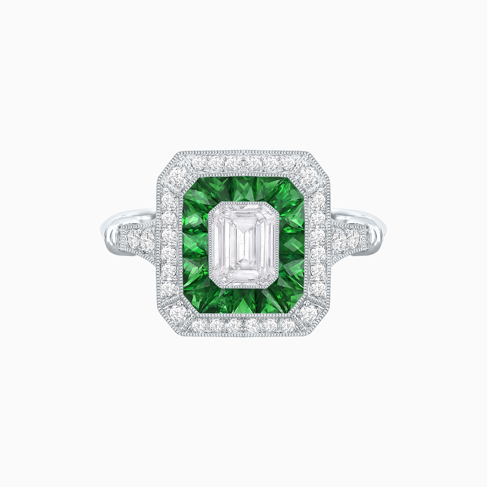 Art Deco Inspired Emerald Cut Halo Ring with Calibré Gems