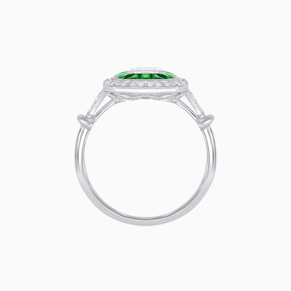 Art Deco Inspired Emerald Cut Halo Ring with Calibré Gems