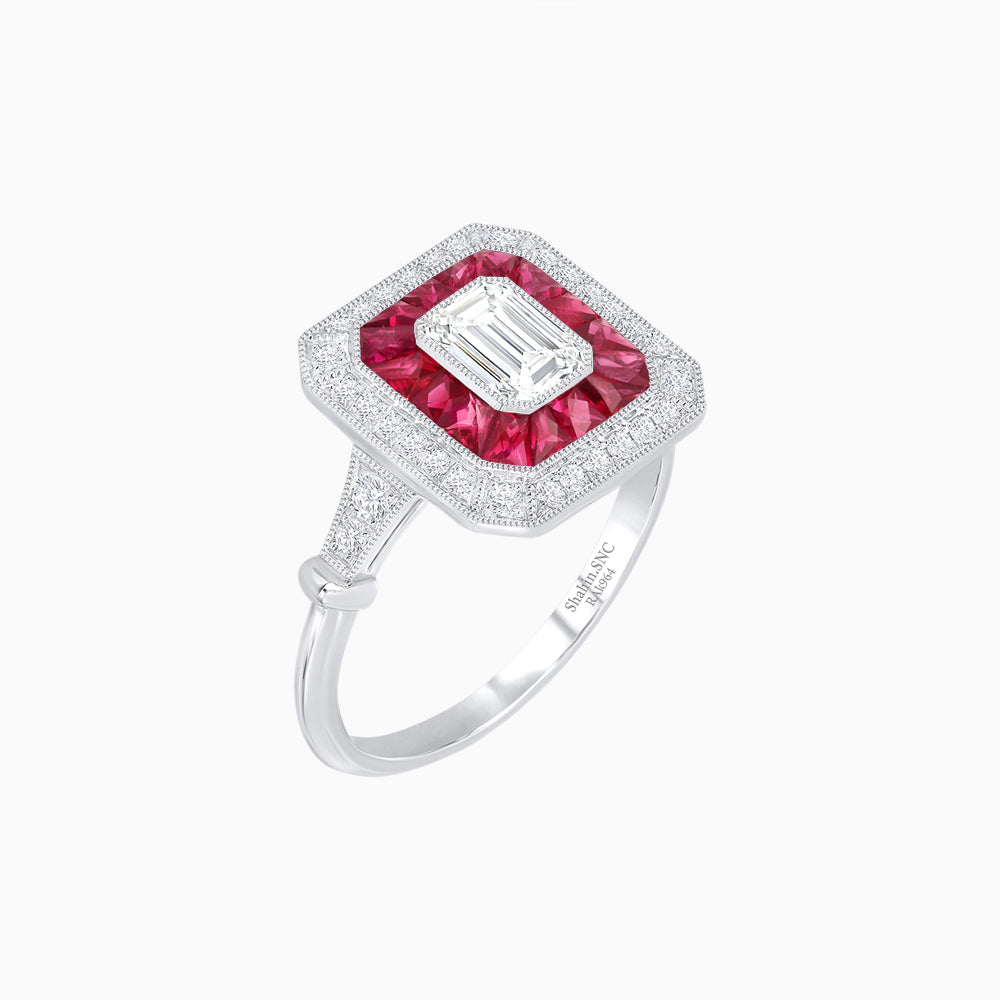 Art Deco Inspired Emerald Cut Halo Ring with Calibré Gems