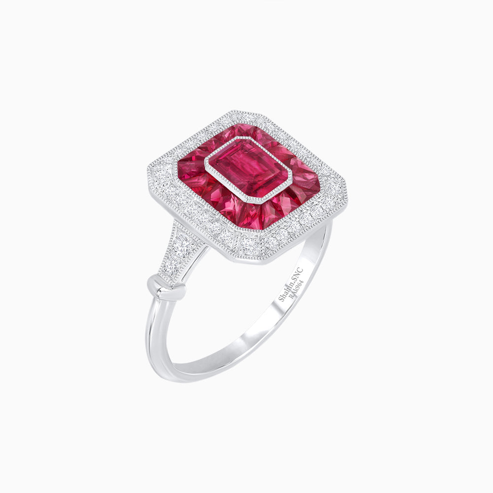 Art Deco Inspired Emerald Cut Halo Ring with Calibré Gems