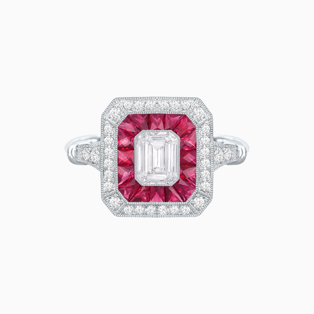 Art Deco Inspired Emerald Cut Halo Ring with Calibré Gems