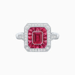 Load image into Gallery viewer, Art Deco Inspired Emerald Cut Halo Ring with Calibré Gems