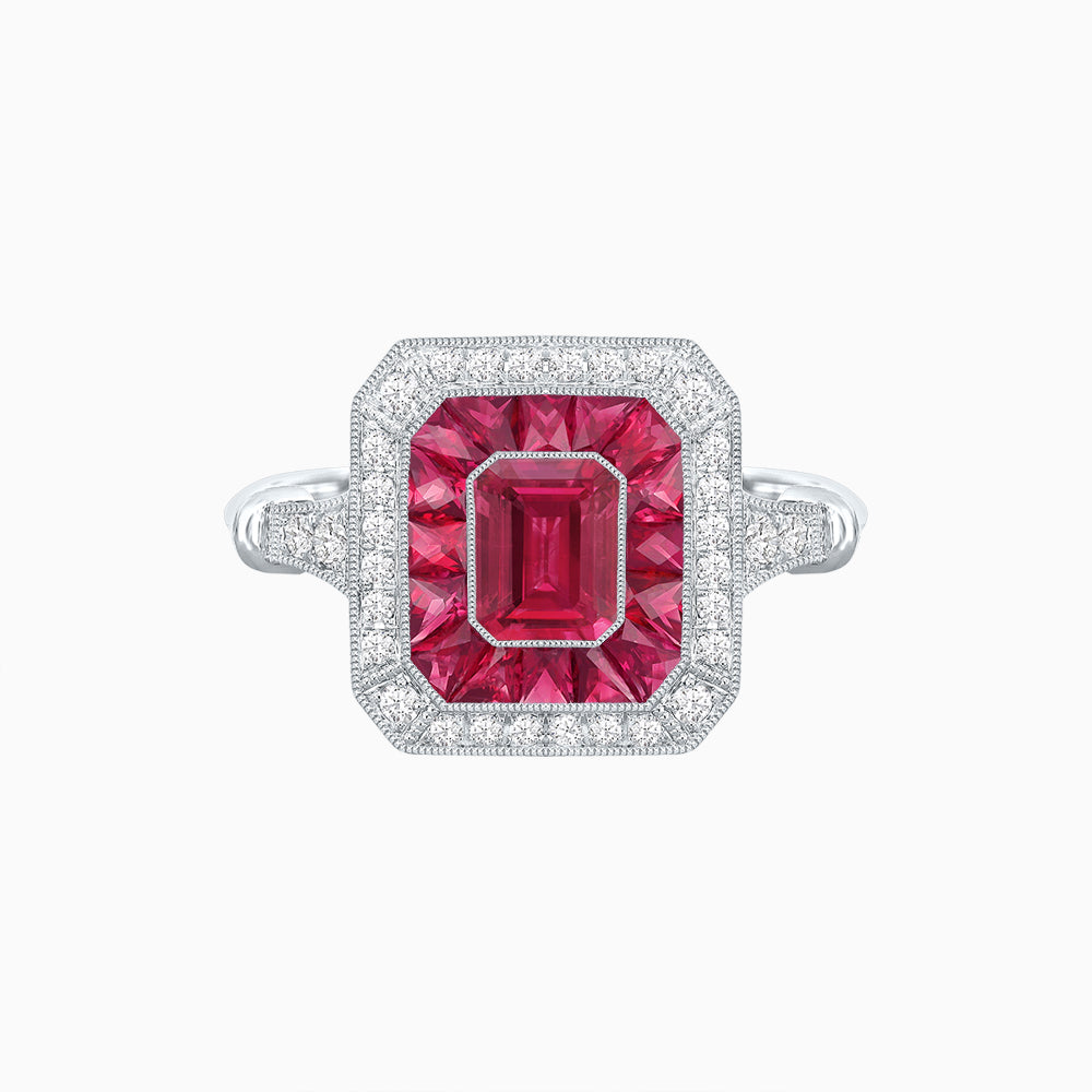 Art Deco Inspired Emerald Cut Halo Ring with Calibré Gems