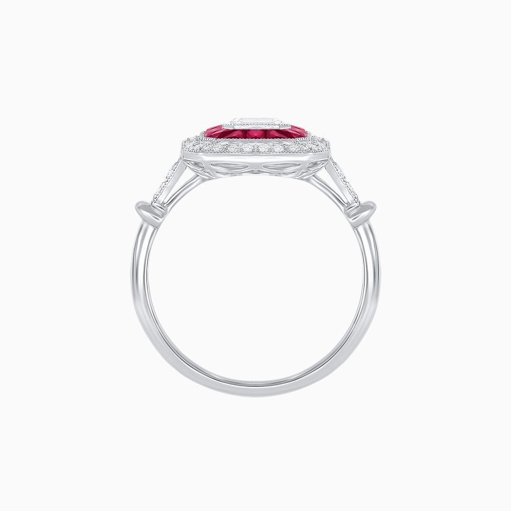 Art Deco Inspired Emerald Cut Halo Ring with Calibré Gems