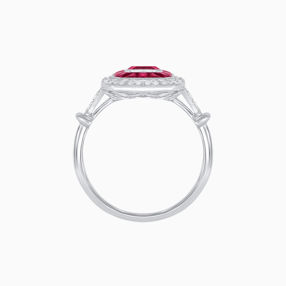 Art Deco Inspired Emerald Cut Halo Ring with Calibré Gems