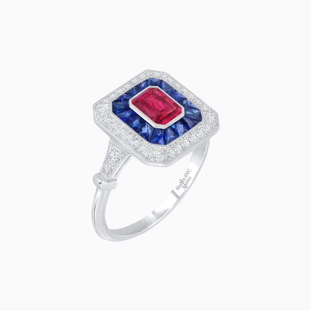 Art Deco Inspired Emerald Cut Halo Ring with Calibré Gems