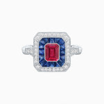 Load image into Gallery viewer, Art Deco Inspired Emerald Cut Halo Ring with Calibré Gems