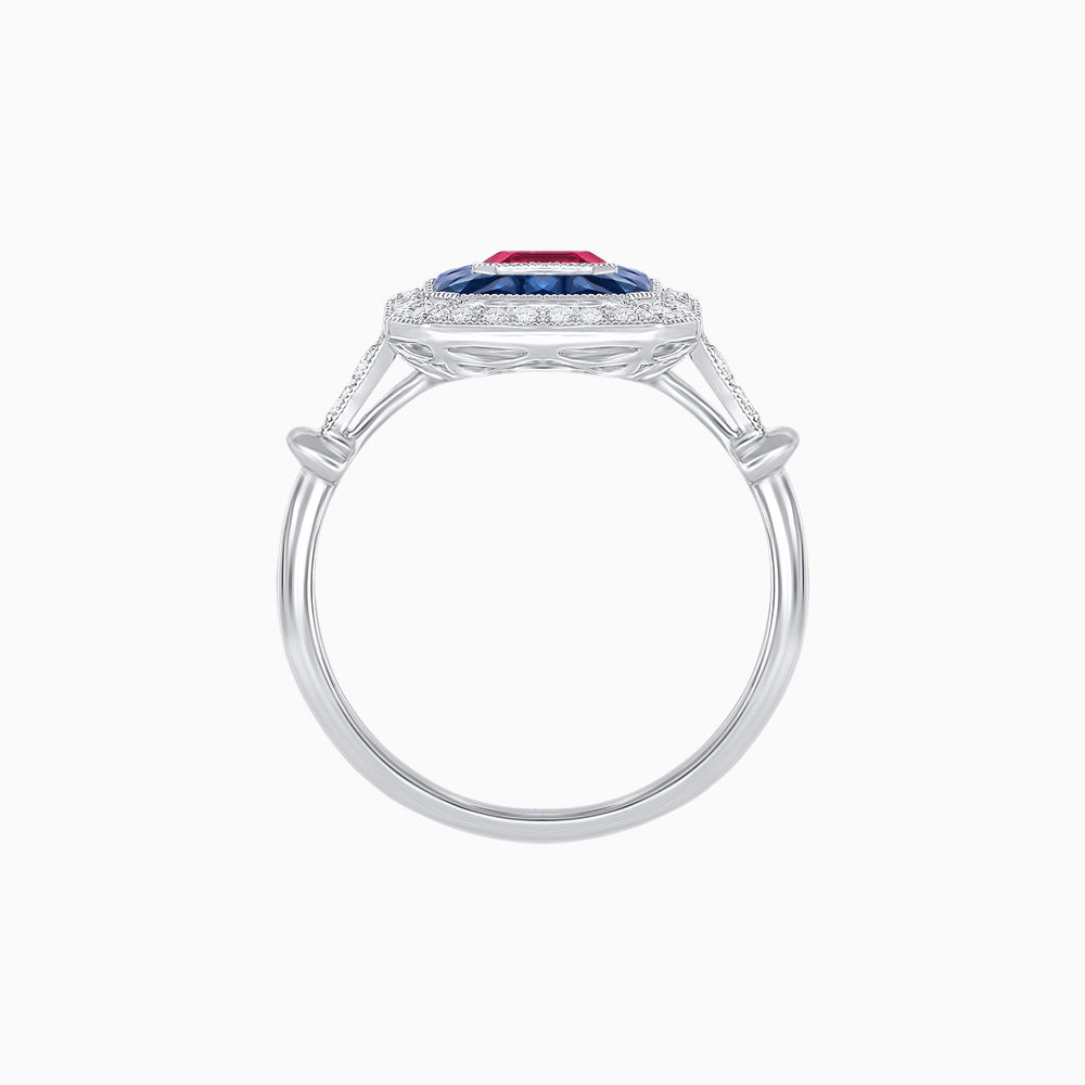 Art Deco Inspired Emerald Cut Halo Ring with Calibré Gems