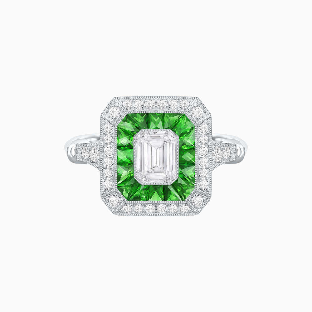 Art Deco Inspired Emerald Cut Halo Ring with Calibré Gems