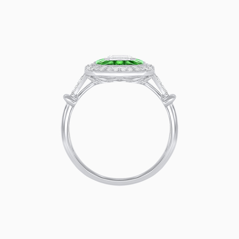 Art Deco Inspired Emerald Cut Halo Ring with Calibré Gems