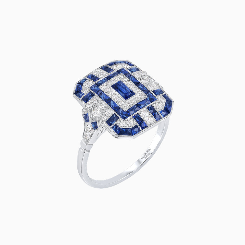 Art Deco Inspired Emerald Cut Ring with Diamonds and Gemstones