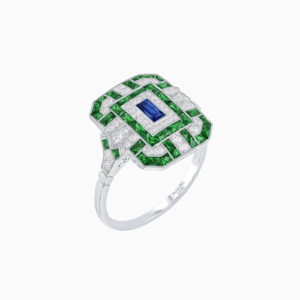 Art Deco Inspired Emerald Cut Ring with Diamonds and Gemstones