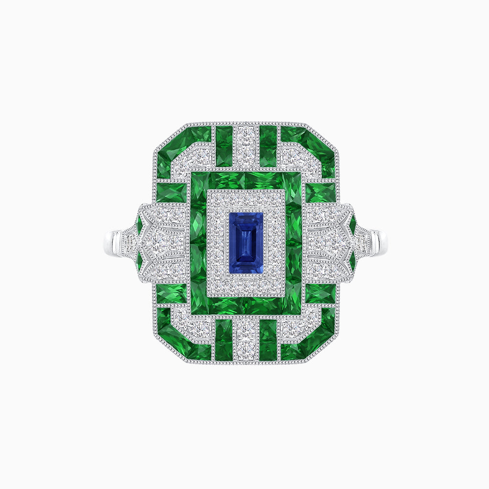Art Deco Inspired Emerald Cut Ring with Diamonds and Gemstones