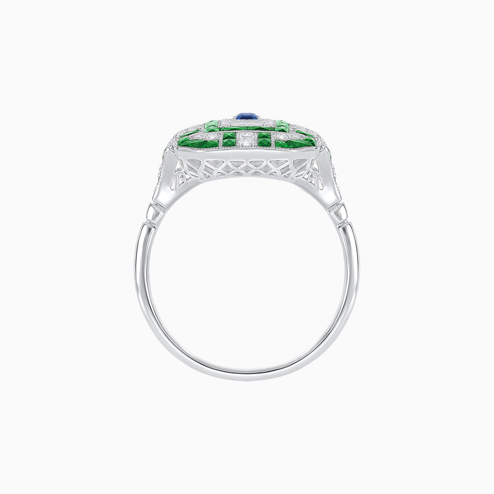 Art Deco Inspired Emerald Cut Ring with Diamonds and Gemstones