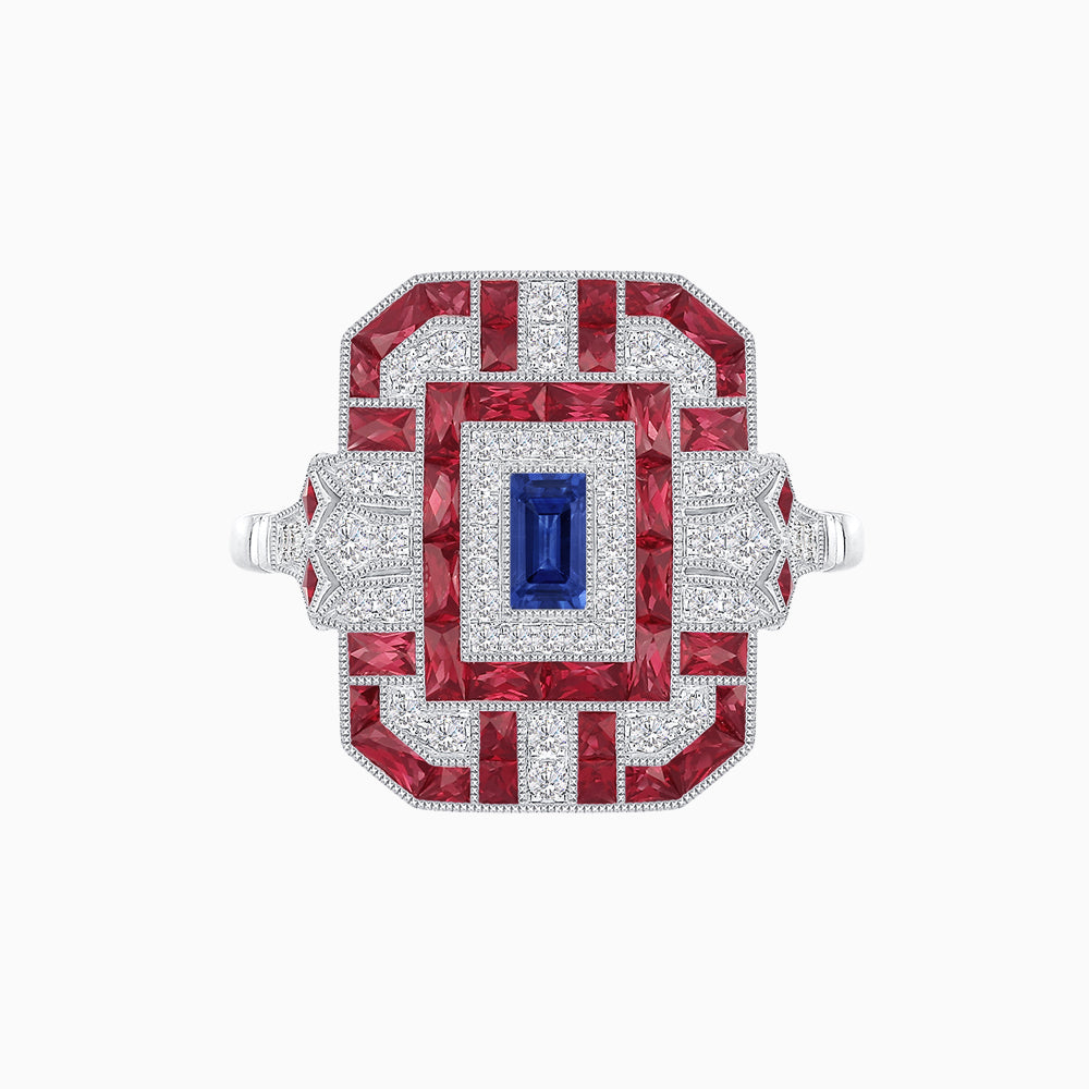 Art Deco Inspired Emerald Cut Ring with Diamonds and Gemstones