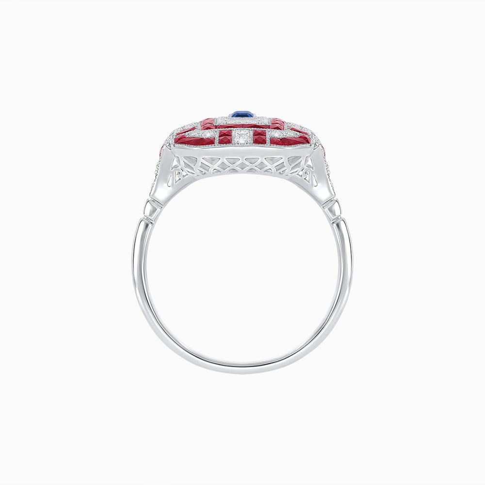 Art Deco Inspired Emerald Cut Ring with Diamonds and Gemstones