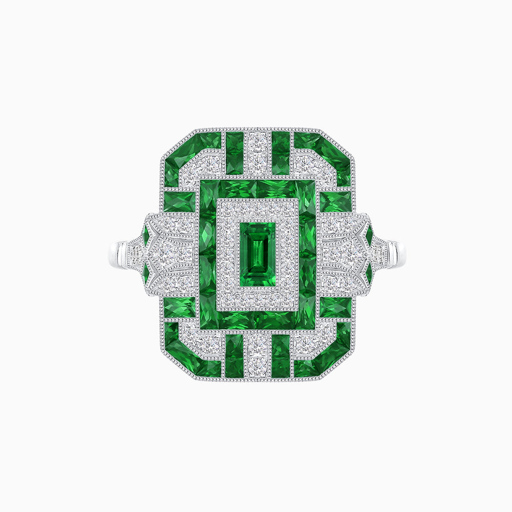 Art Deco Inspired Emerald Cut Ring with Diamonds and Gemstones