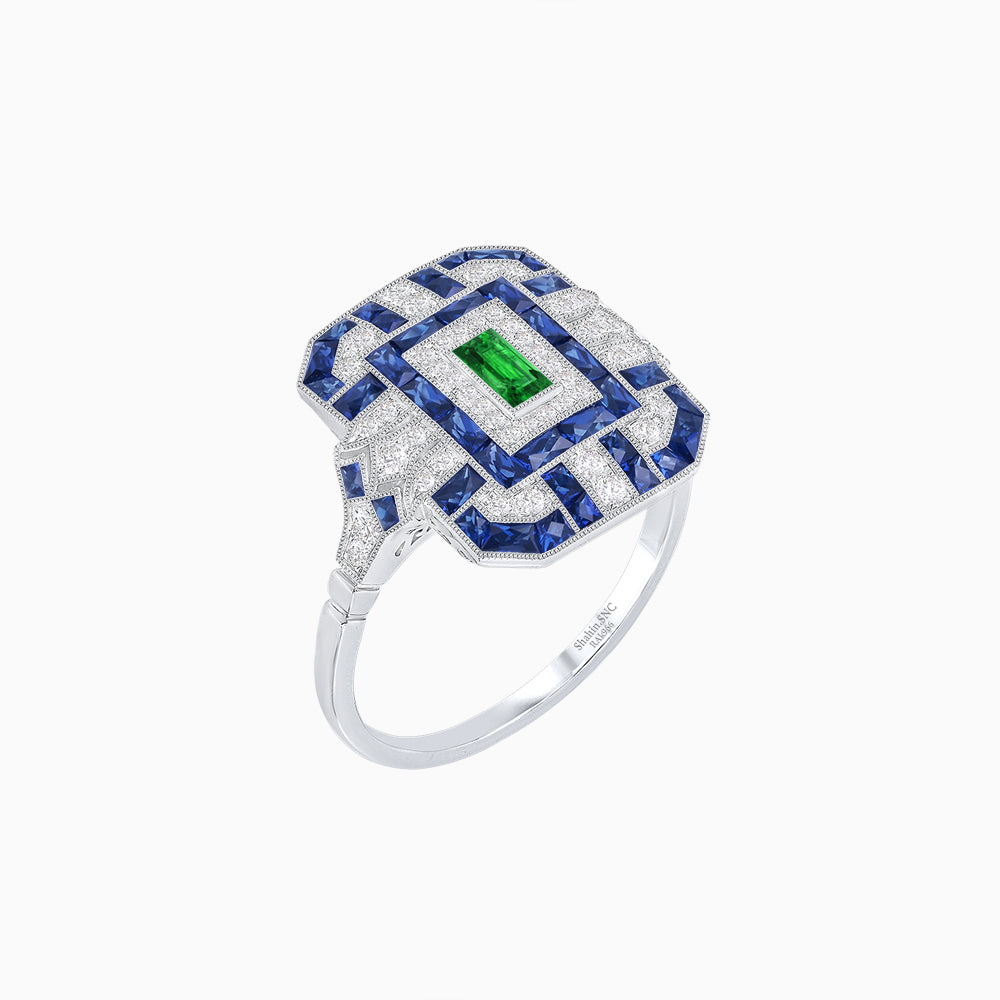 Art Deco Inspired Emerald Cut Ring with Diamonds and Gemstones