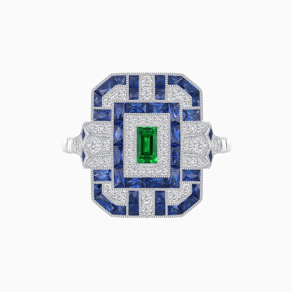 Art Deco Inspired Emerald Cut Ring with Diamonds and Gemstones