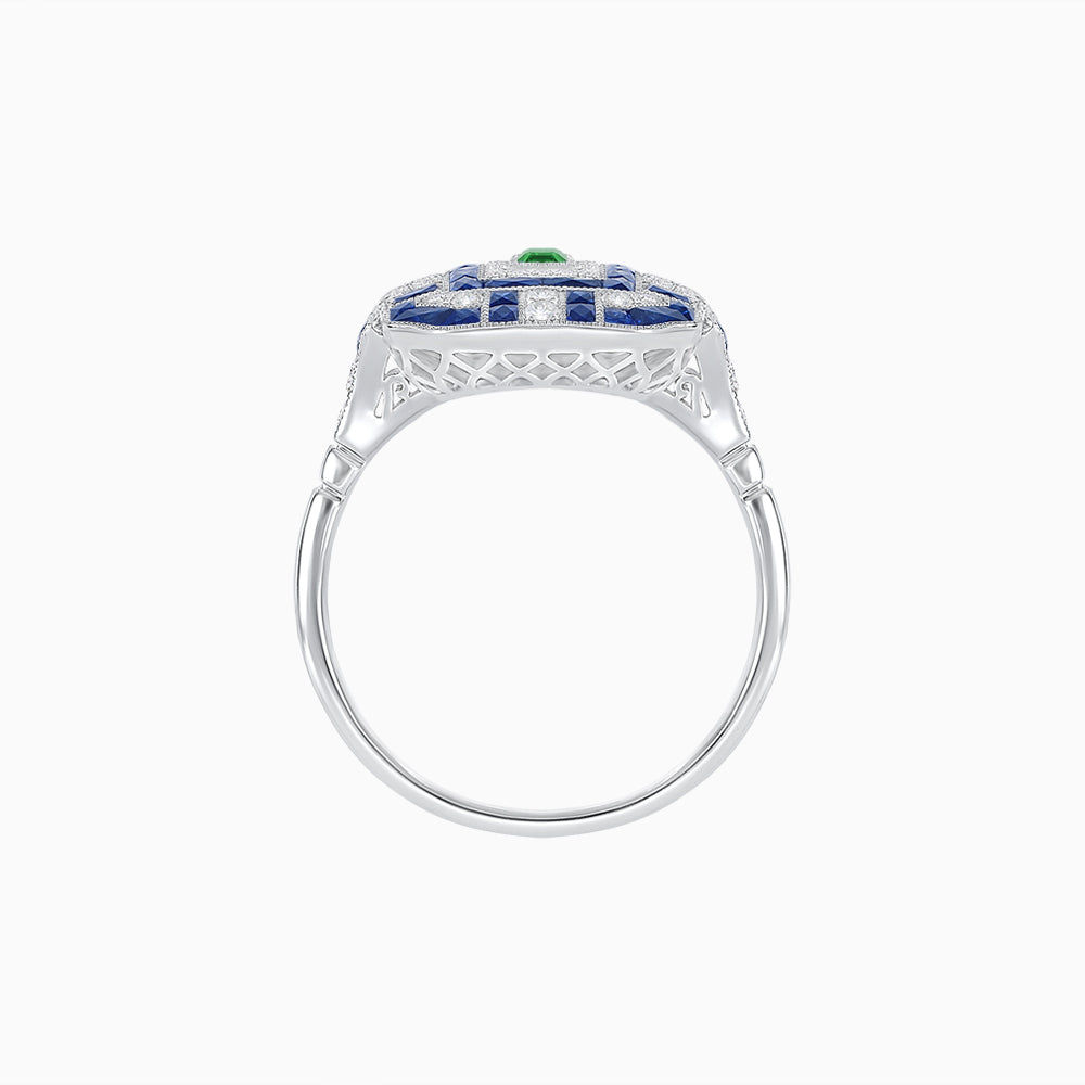 Art Deco Inspired Emerald Cut Ring with Diamonds and Gemstones