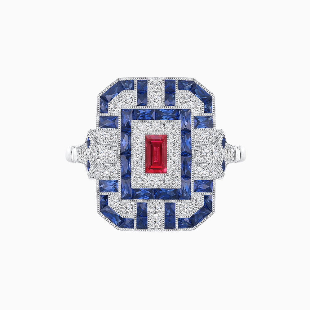 Art Deco Inspired Emerald Cut Ring with Diamonds and Gemstones