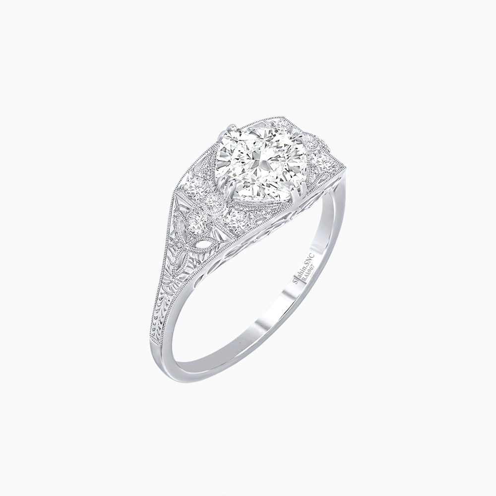 Vintage-Inspired Cushion Cut Ring with Diamond Accents and Hand-Engraved Details