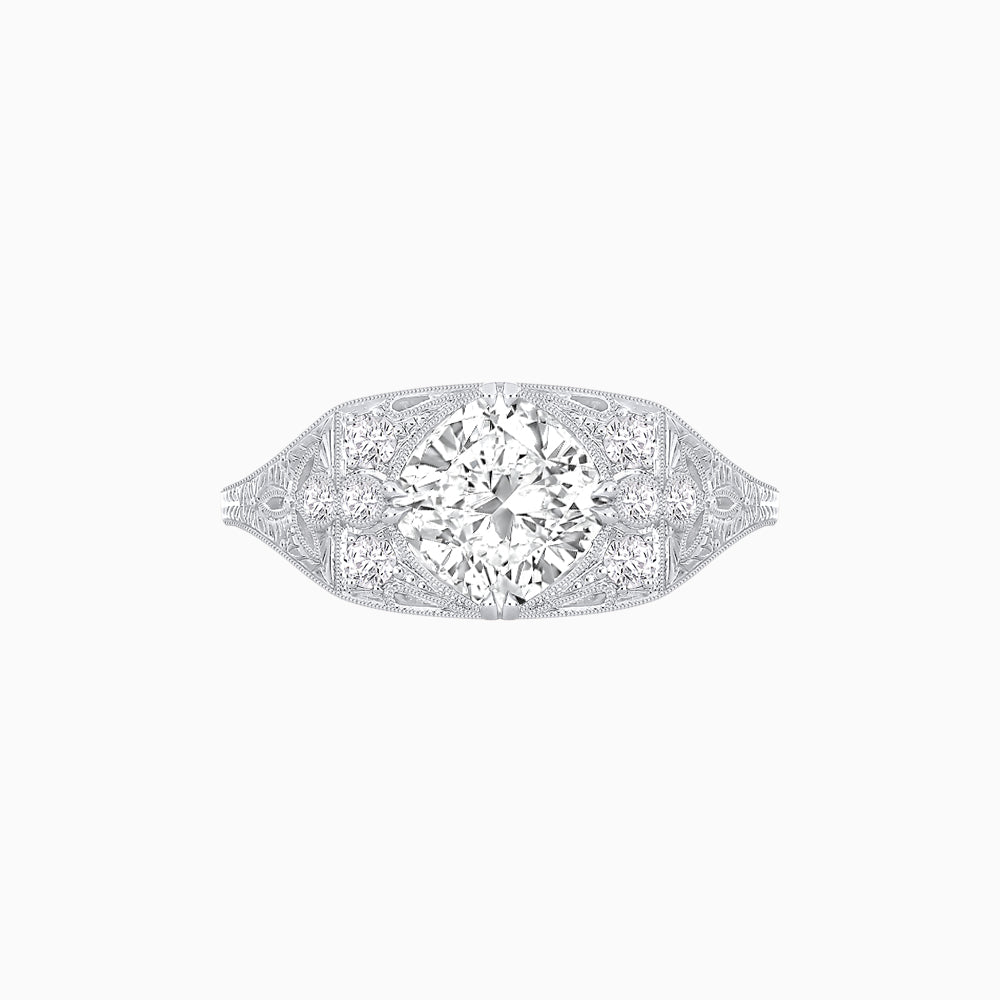 Vintage-Inspired Cushion Cut Ring with Diamond Accents and Hand-Engraved Details
