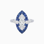 Load image into Gallery viewer, Art Deco Inspired Oval Cut Center Ring with Calibré-Cut Gemstone Navette Halo