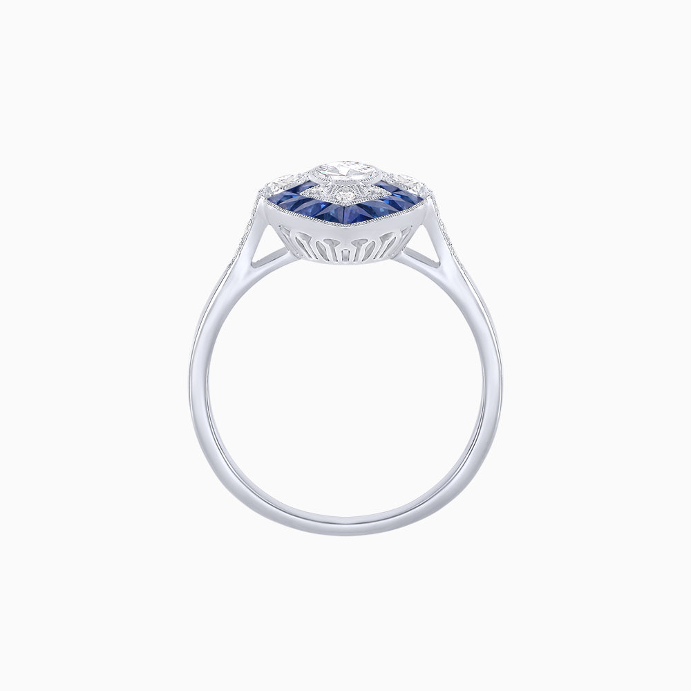 Art Deco Inspired Oval Cut Center Ring with Calibré-Cut Gemstone Navette Halo