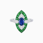 Load image into Gallery viewer, Art Deco Inspired Oval Cut Center Ring with Calibré-Cut Gemstone Navette Halo