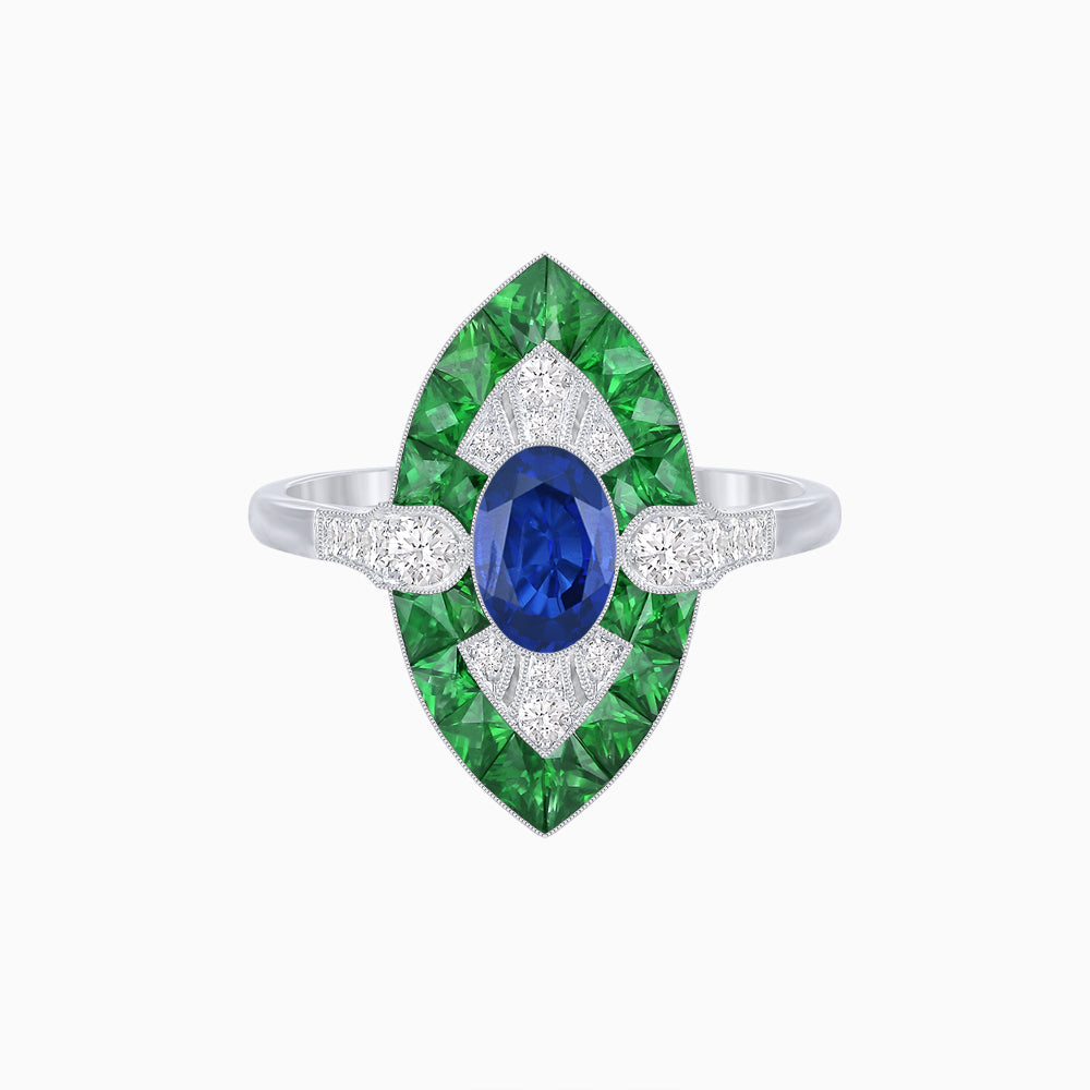 Art Deco Inspired Oval Cut Center Ring with Calibré-Cut Gemstone Navette Halo