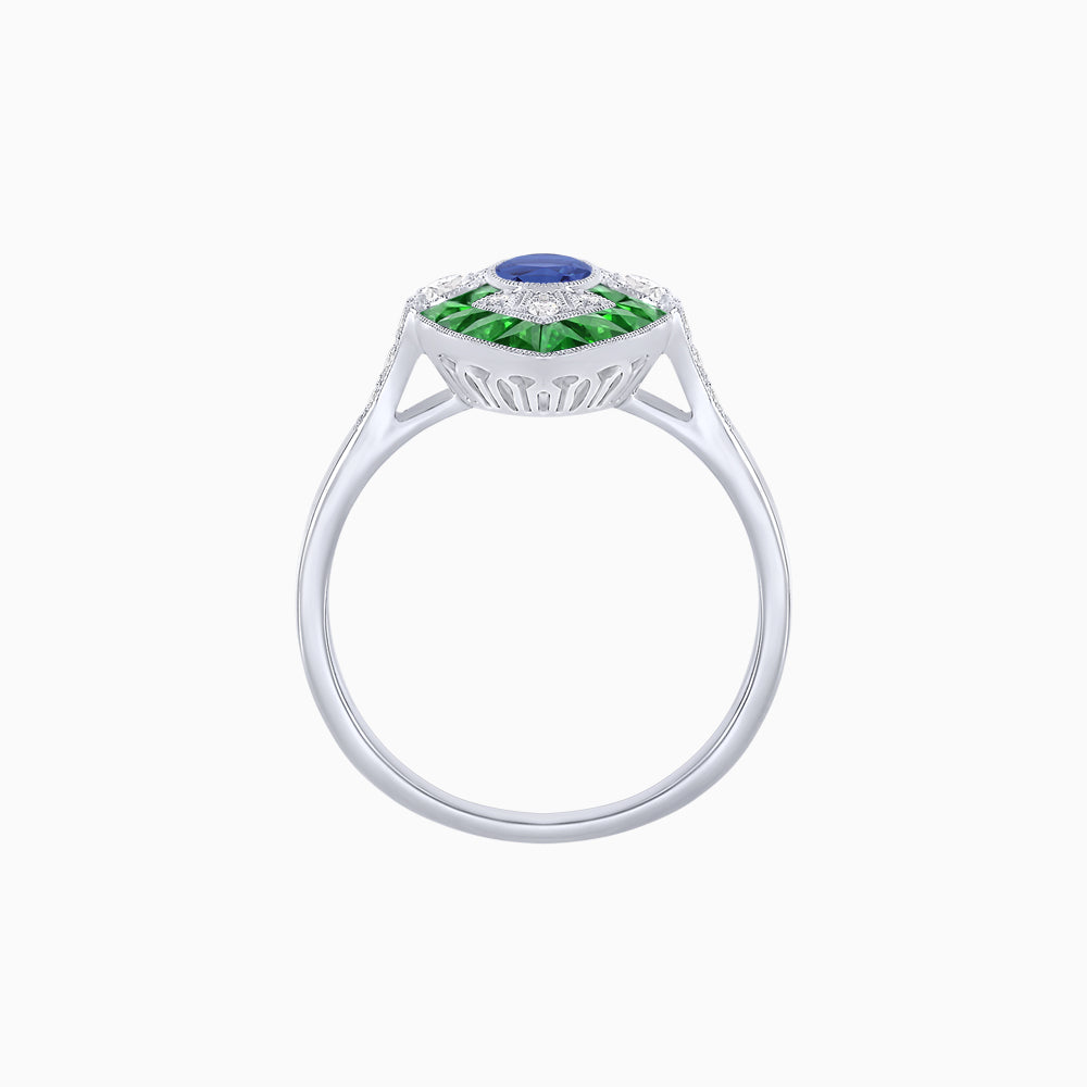 Art Deco Inspired Oval Cut Center Ring with Calibré-Cut Gemstone Navette Halo